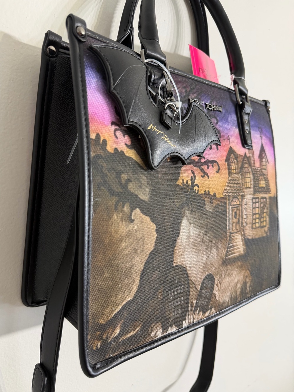 NWT Betsey Johnson Haunted House Tote Bag Halloween Satchel Purse with Bat Charm - Picture 3 of 8